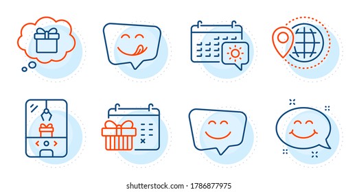 Yummy smile, World travel and Gift dream signs. Christmas calendar, Crane claw machine and Smile face line icons set. Travel calendar symbol. Presents day, Attraction park. Holidays set. Vector