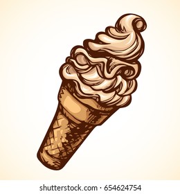 Yummy soft coffee syrup softcream lollipop in brown crispy cup isolated on white backdrop. Bright color hand drawn picture in art retro cartoon graphic style