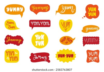 Yummy speech bubbles. Yum yum lettering, handwritten decorative stickers design. Graphic for menu, cafe bar website, food package, neoteric vector set