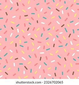 Yummy sprinkle seamless pattern on pink background. Sweet vector illustration, perfect for party decoration and candy shop. Square repeat pattern design. Vector illustration.