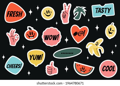 Yummy sticker set with comic characters such as banana, lemon, watermelon, tomato, smiling face. Vector colorful sticker templates isolated on black background.