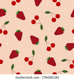 Yummy strawberries, cherries with leaves and white dots on light yellow-pink background. Seamless summer food pattern. Suitable for textile, packaging.