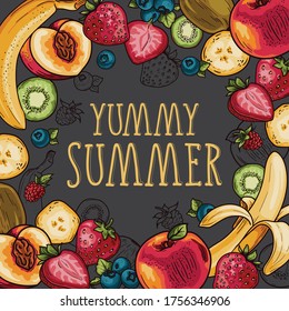 yummy summer background with bright fruits and berries on a dark gray background