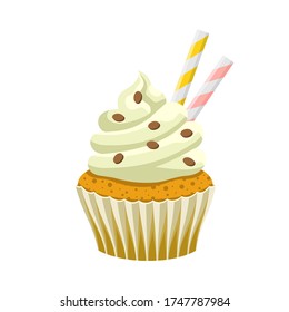 Yummy sweet cupcake with cream, color vector illustration. Original flavour and kind