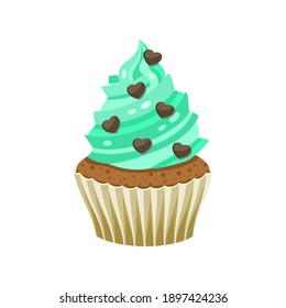 Yummy sweet cupcake with cream, color vector illustration. Original flavour and kind