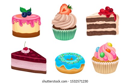 Yummy Sweet Desserts Vector Illustration Set Isolated On White Background