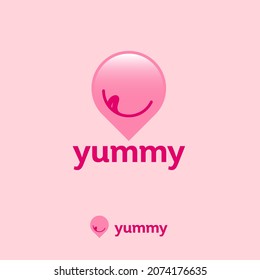 Yummy, Sweets Logo. Food Point Icon. Map Marker With  Smile.