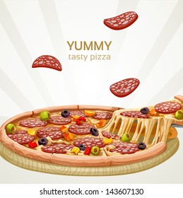 Yummy tasty pizza with sausage banner