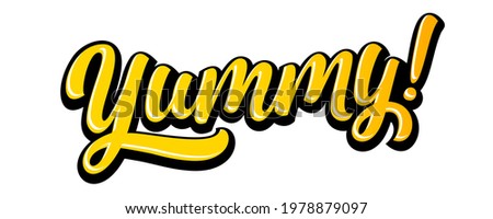 Yummy text doodle for tasty delicious food, yum vector text logo. Yummy lettering cartoon for delicious tasty or yum licking food