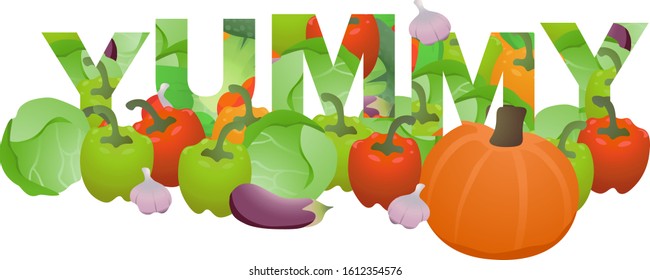"Yummy" text filled and overflowing with colourful delicious vegetables. Vegetables decorated vector type illustration on transparent background.