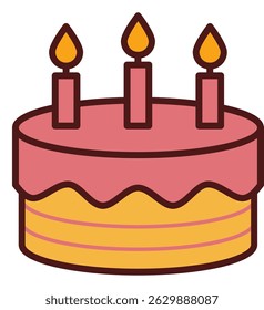 A yummy three-layered birthday cake with three lit candles on top.