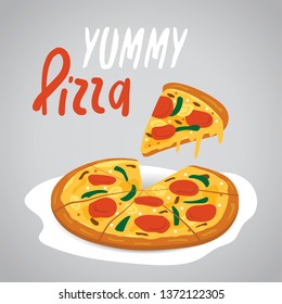 Yummy tradition Italian food. Delicious pizza with cheese, meat and vegetable in cute drawing style