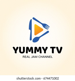 Yummy TV logo design template. Vector cooking symbol illustration background. Color label for cook show, recipe channel, food blog. Graphic broadcast icon emblem with fork, spoon, knife