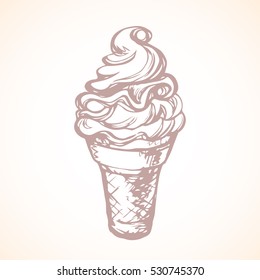 Yummy twist design fruit jam syrup softcream lollipop in crispy cupcake isolated on light backdrop. Freehand outline ink hand drawn picture icon sketch in art retro cartoon doodle graphic style