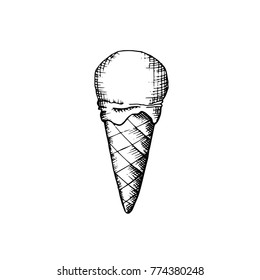 Yummy twist design fruit jam syrup softcream lollipop in crispy cupcake isolated on light backdrop. Freehand outline ink hand drawn picture icon sketch in art retro cartoon doodle graphic style