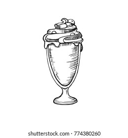 Yummy twist design fruit jam syrup softcream lollipop in crispy cupcake isolated on light backdrop. Freehand outline ink hand drawn picture icon sketch in art retro cartoon doodle graphic style