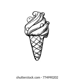 Yummy twist design fruit jam syrup softcream lollipop in crispy cupcake isolated on light backdrop. Freehand outline ink hand drawn picture icon sketch in art retro cartoon doodle graphic style