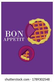 Yummy vector berry pie with bright background. Bon appetit.