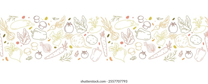 Yummy vector border showing off multicolor vegetable groceries, all outlined in handmade doodle style. Transparent background perfect for culinary designs, decor or home restaurant branding.