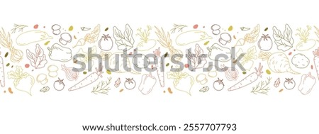 Yummy vector border showing off multicolor vegetable groceries, all outlined in handmade doodle style. Transparent background perfect for culinary designs, decor or home restaurant branding.