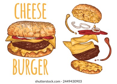 Leckere Vektorgrafik Käseburger. Line Art handgezeichnetes Brot Brötchen, Zwiebel, Tomate, Käse, Fleisch, Mayo und Ketschup.