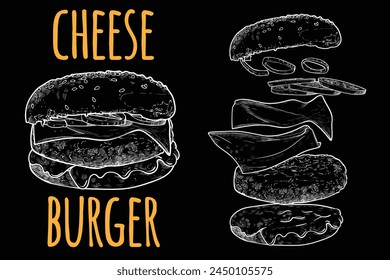 Yummy vector cheese burger. Line art hand drawn bread bun, onion, tomato, cheese, meat, mayo and ketchup.