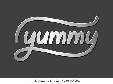 Yummy vector text, hand drawn lettering with silver shine effect