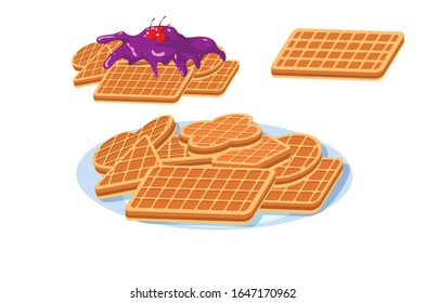 Yummy waffles with whipped cream, cherry and caramel syrup vector illustration on white background