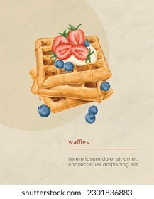 Yummy waffles with whipped cream, strawberries, blueberries and caramel syrup design template
