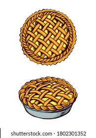 Yummy warm ripe fresh green wheat xmas biscuit dish on white backdrop. Bright lime color hand drawn whole circle party menu object sign logo design sketch in retro art doodle style. Closeup top view