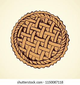 Yummy warm ripe fresh wheat xmas biscuit bread dish on white backdrop. Bright beige color hand drawn whole circle party menu object sign logo design in retro art doodle engrave style. Closeup top view