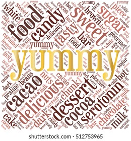 Yummy. Word cloud inscribed in a square. Food concept.