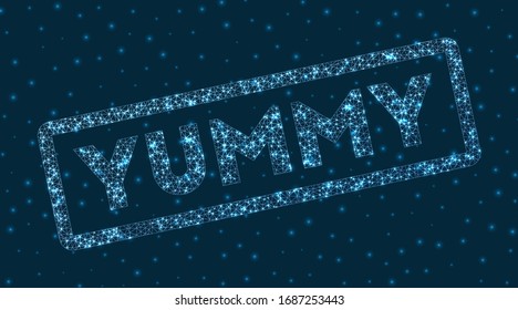 Yummy word in digital style. Glowing geometric yummy badge. Classy vector illustration.