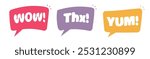 Yummy, wow, thanks doodle speech bubble talk icons vector simple comic hand drawn cartoon graphic illustration set, fun red yellow purple chat messages with text image clip art