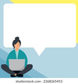 Yung girl sitting on the floor with laptop. Typing message. Important information written over white board under woman head. Big place for text behind model.
