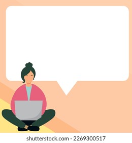 Yung girl sitting on the floor with laptop. Typing message. Important information written over white board under woman head. Big place for text behind model.