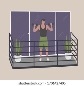 Yung man doing workout on balcony. Fitness boy. Stay home during quarantine. Active healthy lifestyle. Sport at home with dumbbells. Self isolation coronavirus pandemic. Cartoon vector illustration