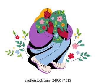 Yung woman hugging green heart with flower. Greenery, ecology, to be in harmony with nature