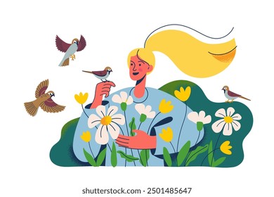 Yung woman standing in field of flowers with birds. Greenery, ecology, to be in harmony with nature.