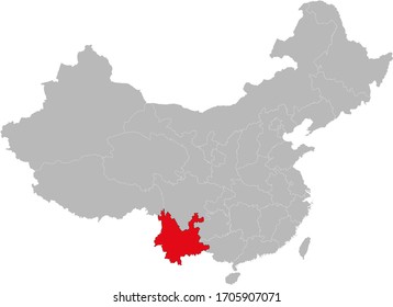 Yunnan province highlighted on china map. Gray background.