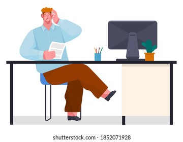 Yuong businessman experiencing stress at work because of the deadline and office chaos. Man sitting at a table with computer, holding paper document, character surprised opened his mouth and eyes wide