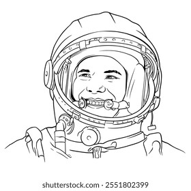 Lineare Vektorgrafik von Yuri Gagarin. Erster Mann im Weltraum. Handgezeichnete Abbildung.