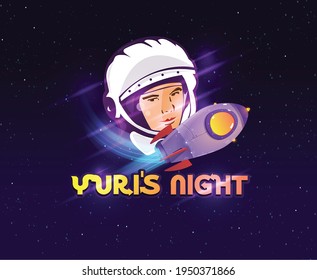 Yuris Night astronaut's helmet in the open space, vector illustration