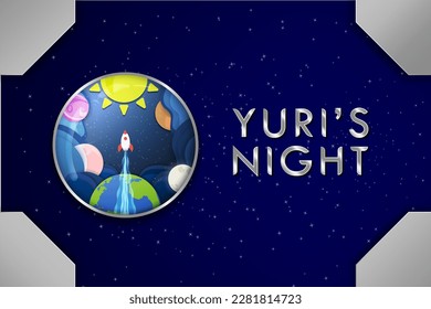 Yuri's Night Horizontal Banner. Paper cutout of space, planets, sun, moon, and rocket ship. Yuri's Night Metal typographic design. Editable Vector Illustration. EPS 10.