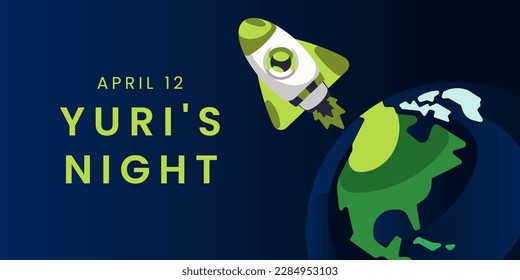 Yuri's Night Horizontal Banner with space, planets, sun, moon, and rocket ship. Yuri's Night typographic design. Editable Vector Illustration. EPS 10.