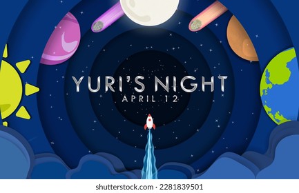 Yuri's Night Poster. Paper Art of Outer space Solar System with rocket ship. Cosmonaut's Day Design. Solar System Origami. Vector Illustration. EPS 10.