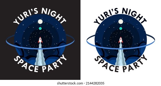 Yuri's Night Space Party isolated on black and white backgrounds. Space exploration concept in plant ring frame. Celebrated on April 12.  Vector Illustration of space, planets, stars. 