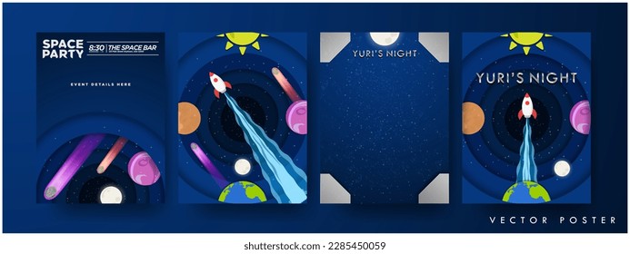 Yuri's Night Space Party Poster and event flier templates with copy space. Outer space origami paper cutout concept. Paper art of planets, moon, earth, and spaceship. Editable Vector Illustration. EPS