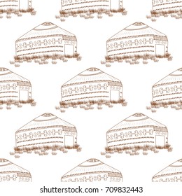 Yurt. Background, wallpaper, seamless. Monochrome. Sketch.