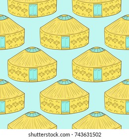 Yurt. Background, wallpaper, texture. Seamless. Yellow and blue color. Sketch. Doodle.